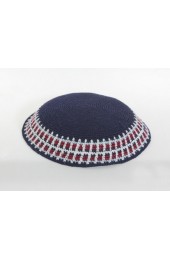 Blue Knitted Kippah with Red and White Border